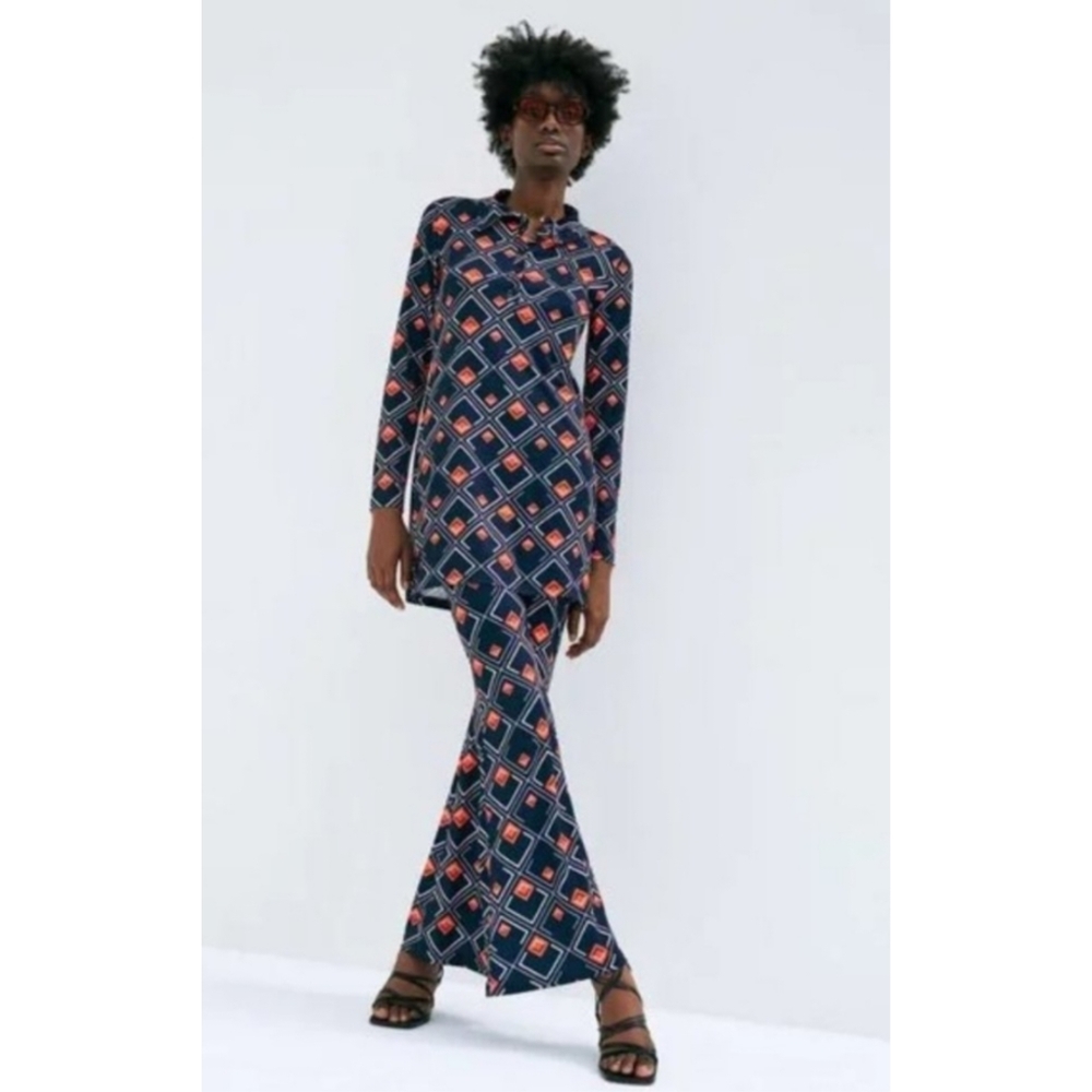 Zara Diamond Print Matching Set Pull On High Waist Flare Tunic Top Two Piece